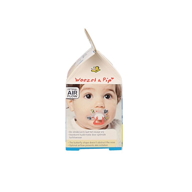 Difrax natural pacifier for babies 6+ months featuring Woezel & Pip design, made for soothing and comfort.