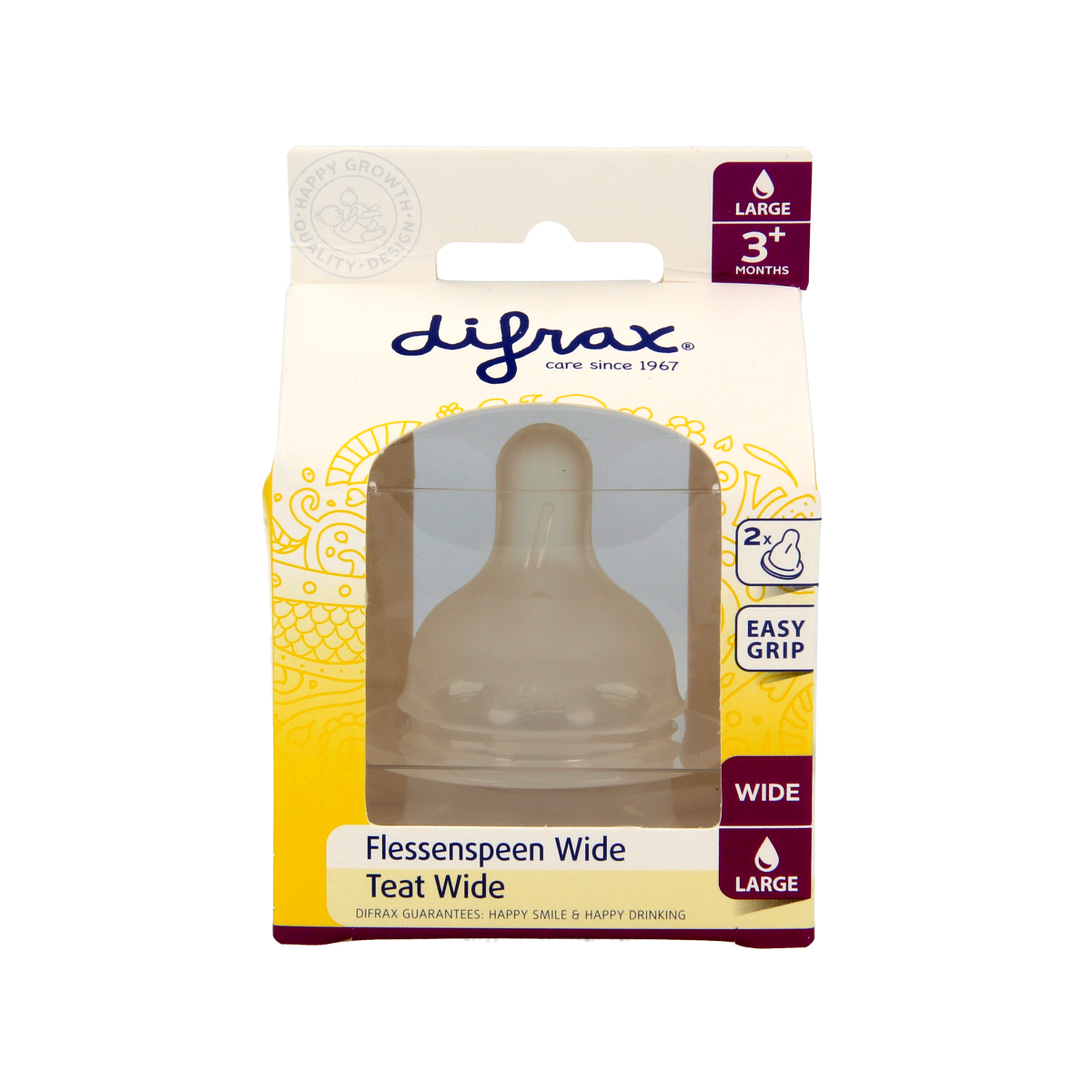 Difrax soft breed large baby bottle nipple for bottles and teats, displayed with packaging, designed for gentle feeding.