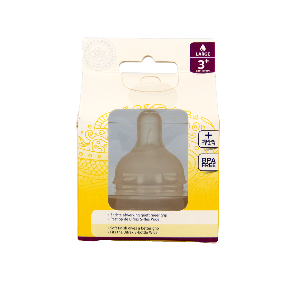 Difrax soft breed large baby bottle nipples, 2-pack, designed for easy feeding and comfort for infants.