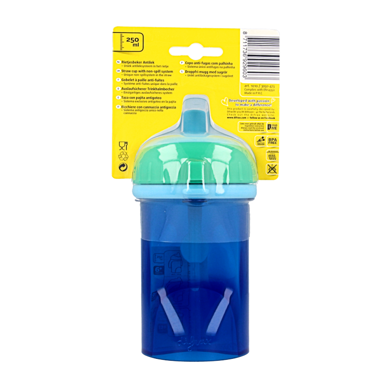 Difrax anti-lek rietjes beker voor peuters met assorti kleuren, 1 stuk, geschikt voor jonge kinderen.