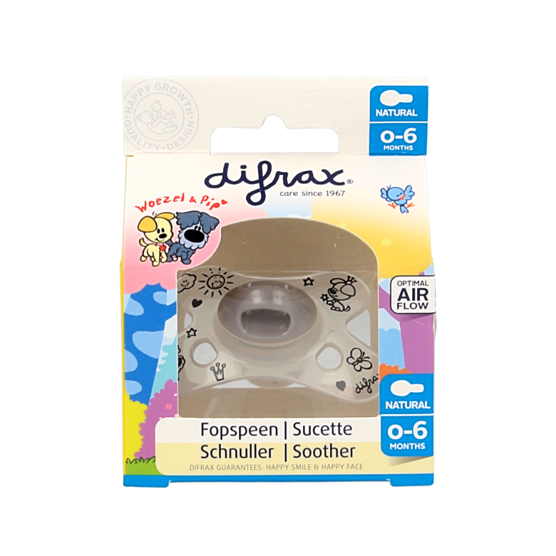 Difrax natural pacifier for 0-6 months with Woezel & Pip design, suitable for infants, in a single piece.