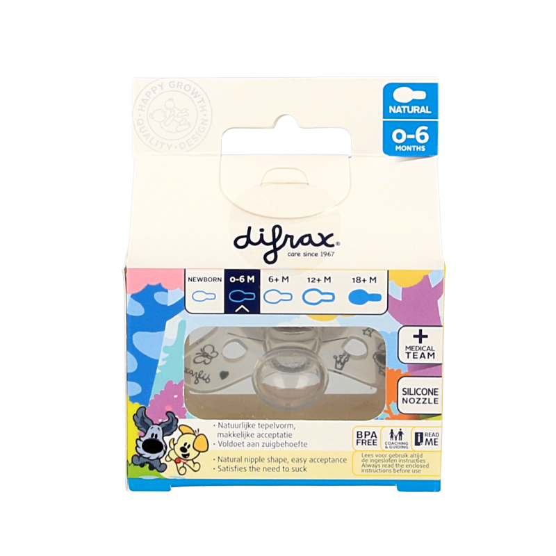 Difrax Woezel & Pip natural pacifier for babies 0-6 months, soft silicone nipple, designed for comfort and safety.