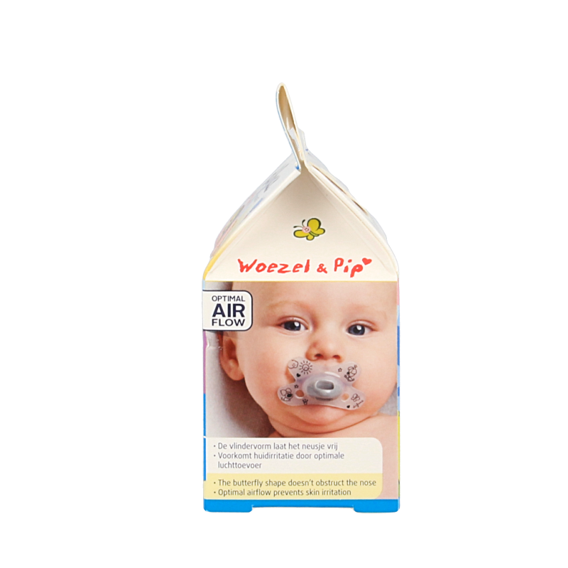 Difrax Woezel & Pip natural pacifier for babies 0-6 months, soft silicone nipple, designed for comfortable feeding.