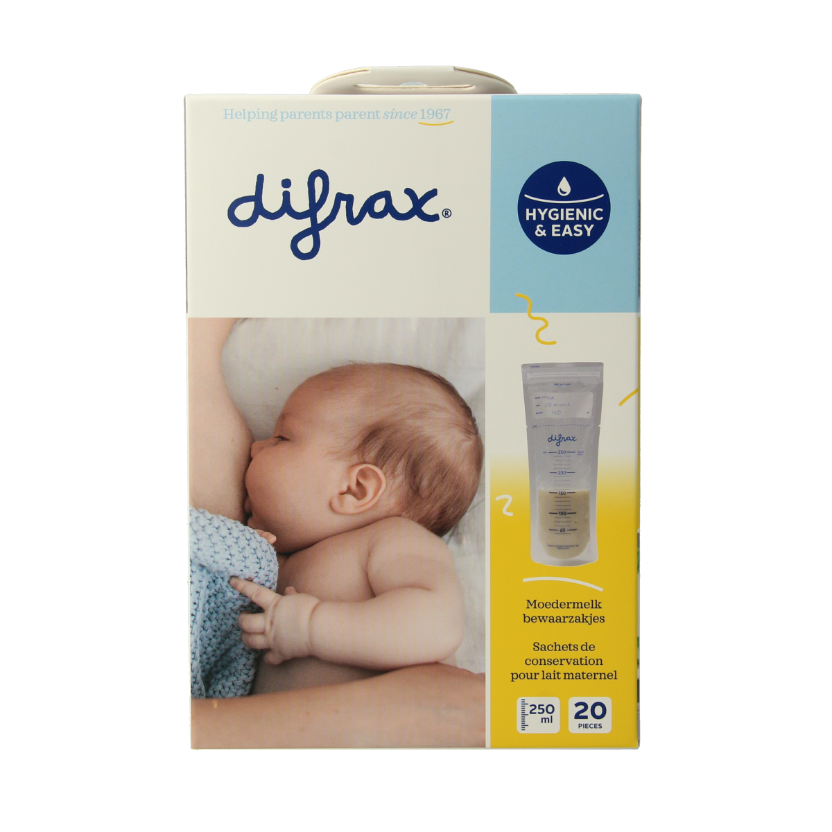 Difrax moedermelk bewaarzakjes for kraamtijd, 20-pack, reusable milk storage bags for breastfeeding, brand Difrax.