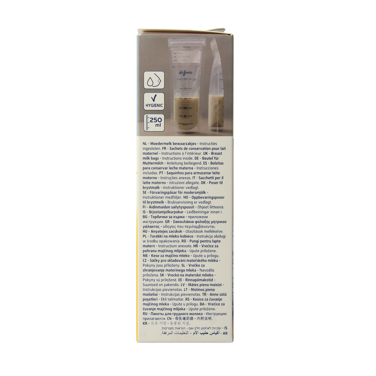 Difrax Moedermelk bewaarzakjes for storing breast milk, shown in a pack of 20, ideal for breastfeeding mothers.