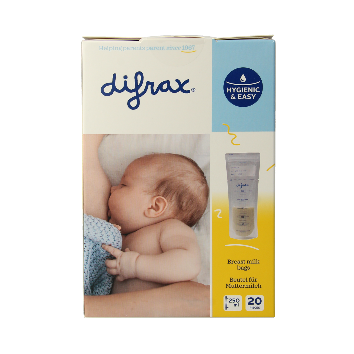 Difrax Moedermelk bewaarzakjes for storing breast milk, shown in a pack of 20, ideal for breastfeeding moms.