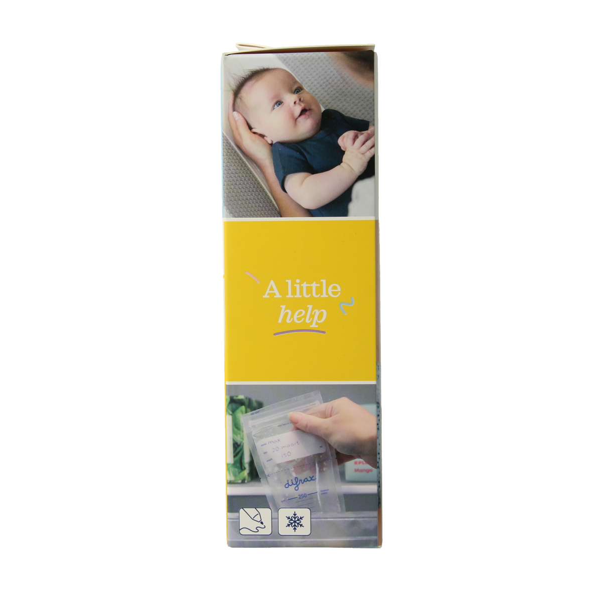 Difrax Moedermelk bewaarzakjes for storing breast milk, 20-pack, ideal for kraamtijd, with clear packaging and product branding.