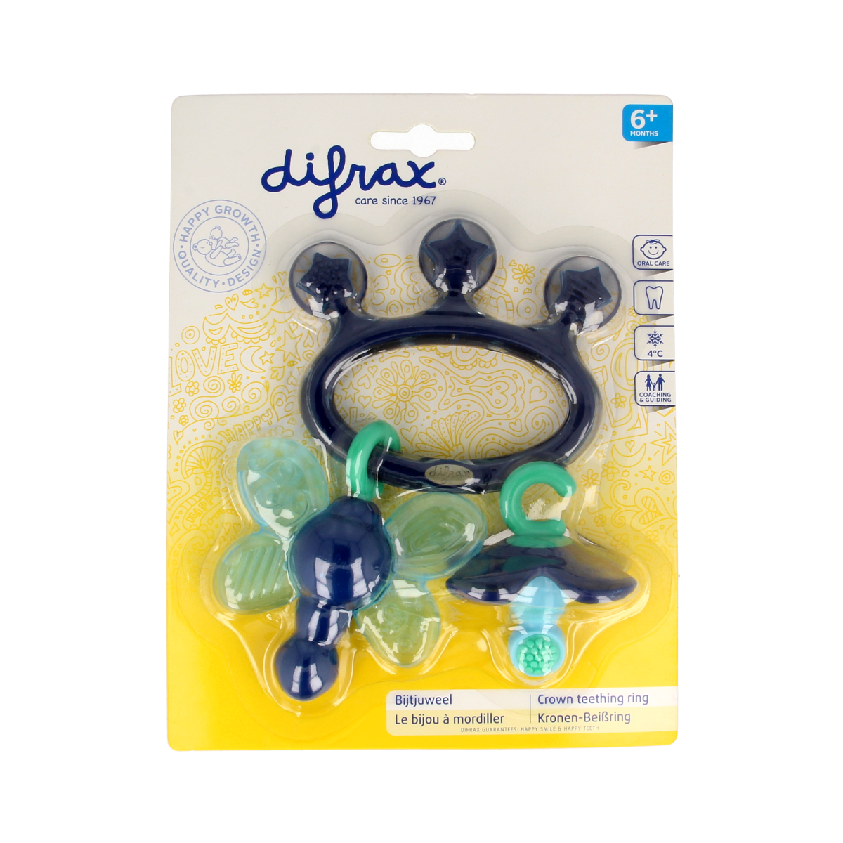 Difrax soft toy and teething toy set in assorted colors, designed for babies, made of safe, plush material for play and soothing.