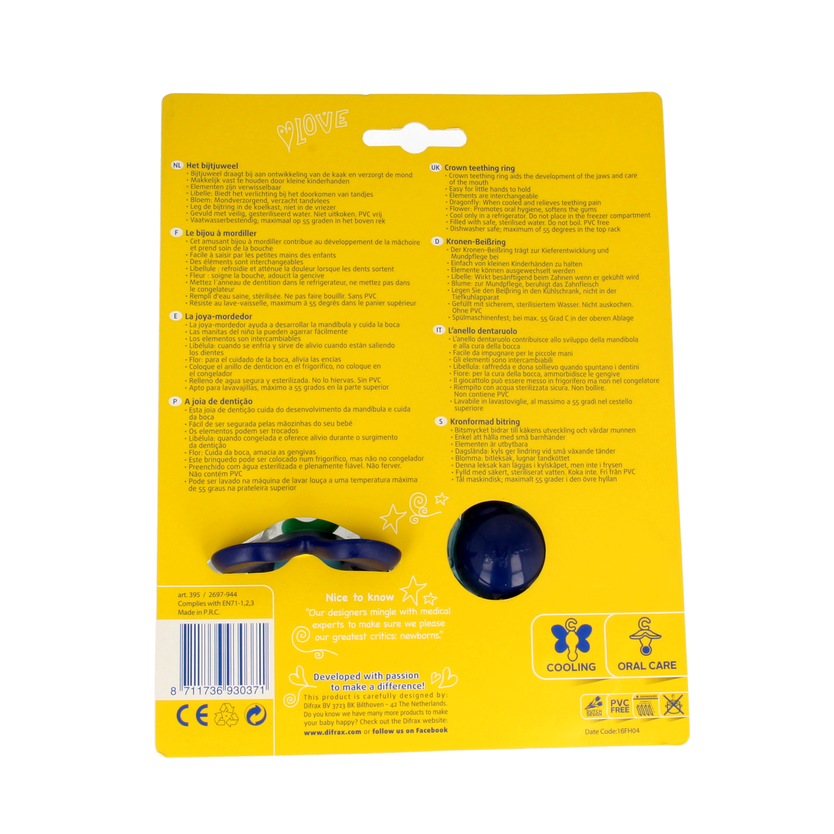 Difrax Bijtjuweel assorti, soft teething toy for babies, featuring colorful, textured silicone for soothing gums and sensory play.