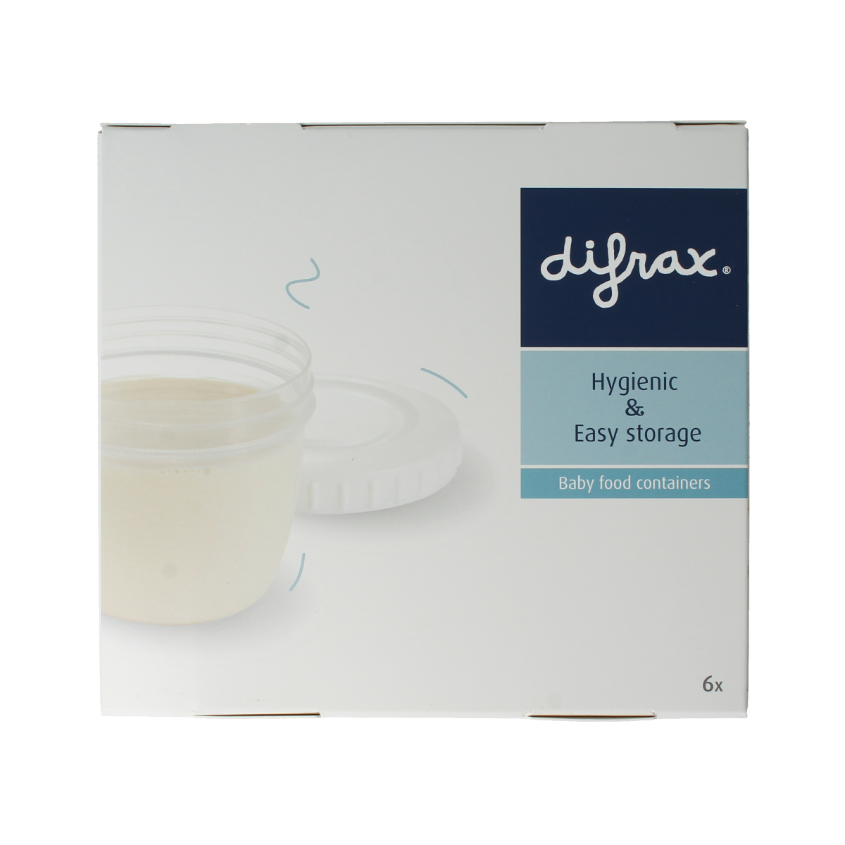 Set of six Difrax baby feeding storage containers, ideal for storing and organizing baby food and snacks.