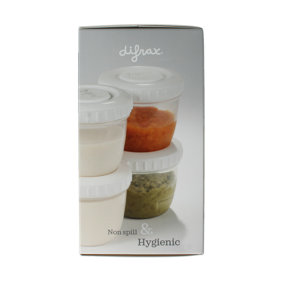 Set of six Difrax baby feeding storage containers for safe and organized food storage for infants and toddlers.