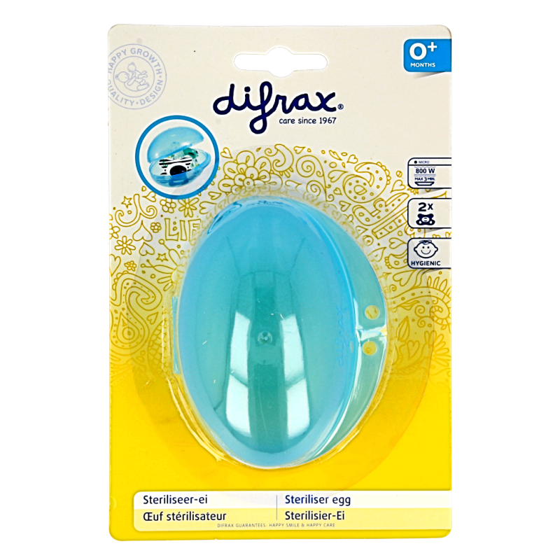 Difrax sterilizer for baby bottles and teats, showing a compact white sterilizer device with a digital display.