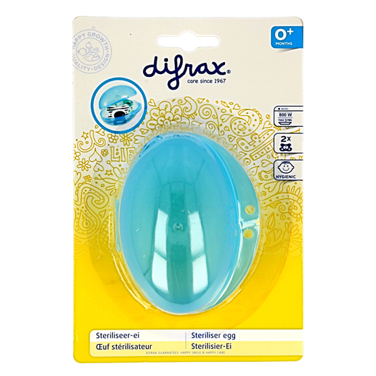 Difrax sterilizer for baby bottles and teats, showing a compact white sterilizer device with a digital display.