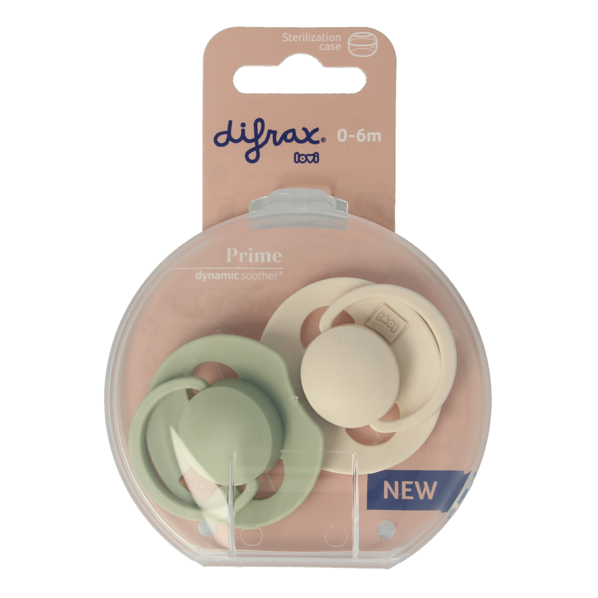 Difrax Fopspeen Prime for 0-6 months, set of 2, baby pacifiers in assorted colors, suitable for infants 0-6 months.
