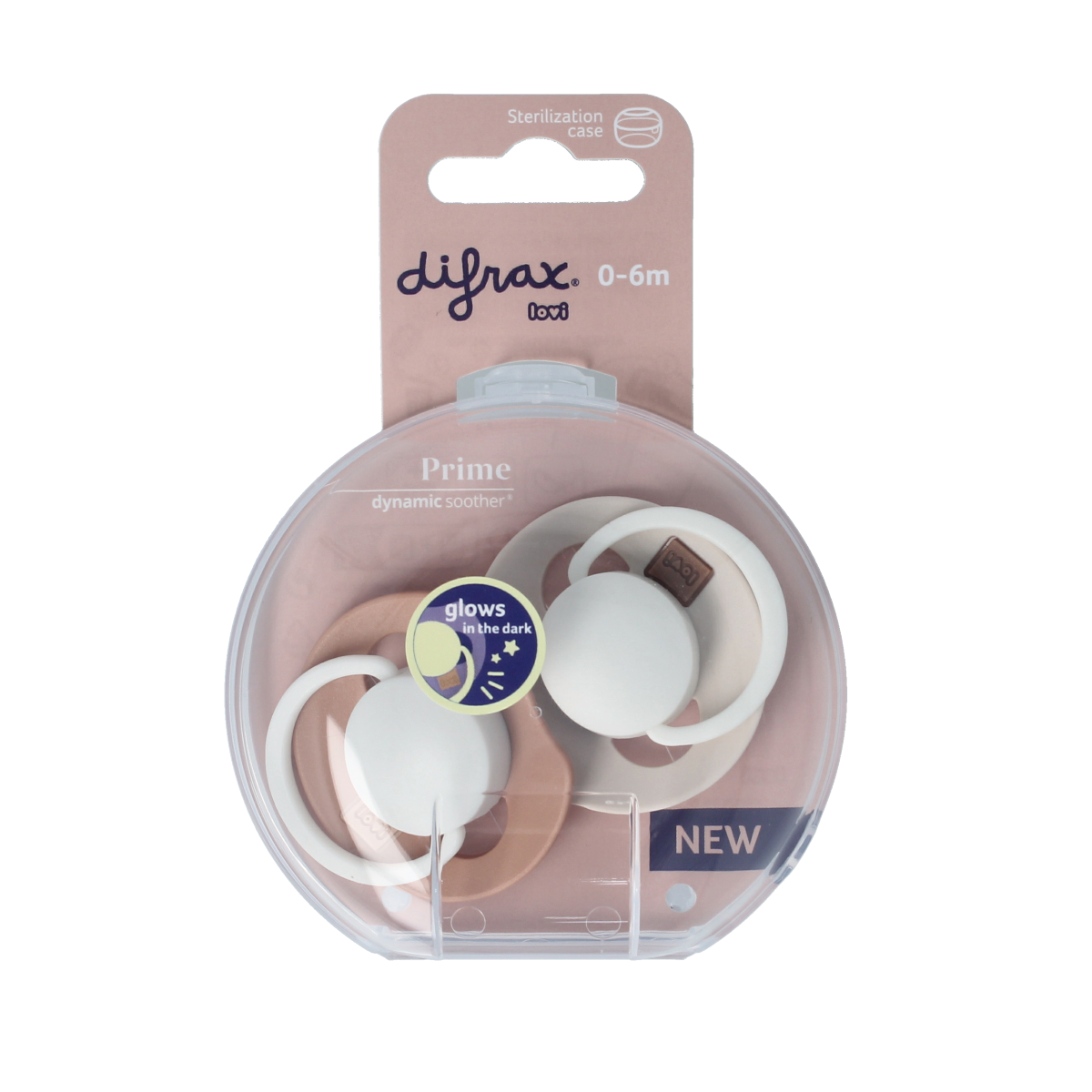 Difrax glow dynamic baby pacifiers for 0-6 months in ivory and blush, set of 2, designed for comfort and safety.