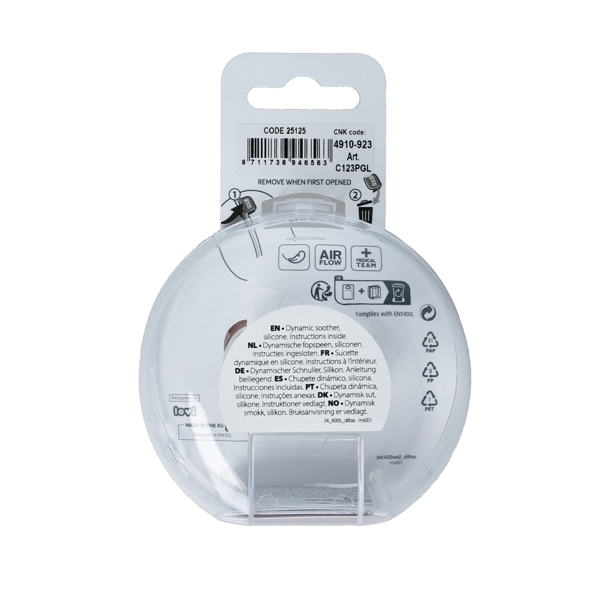 Difrax glow dynamic pacifiers for 0-6 months in ivory and blush, pack of two, designed for babies' comfort and safety.