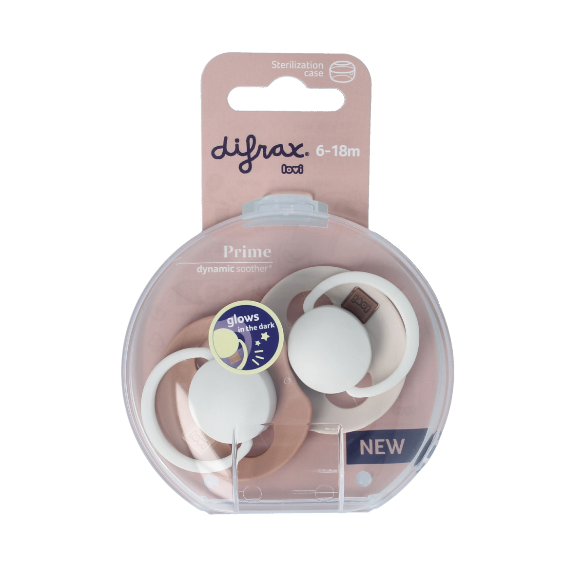 Difrax glow dynamic pacifiers for 6-18 months in ivory and blush, set of 2, designed for infants' comfort.