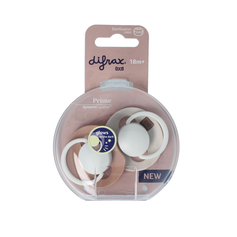 Difrax glow dynamic baby pacifiers in ivory and blush for 18+ months, with 2 pacifiers shown in the image.