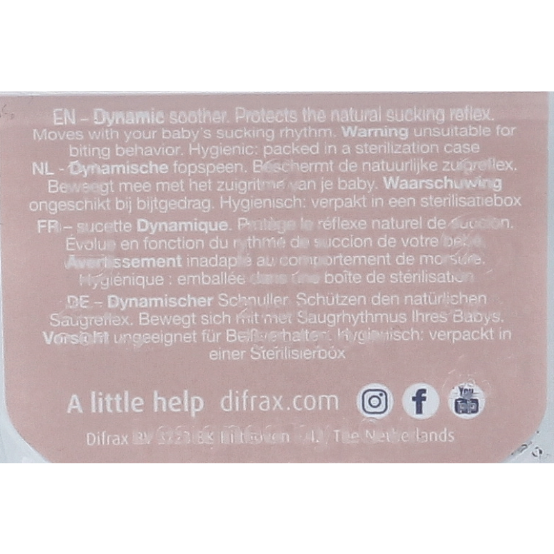 Difrax glow dynamic pacifiers for babies 18+ months in ivory and blush, set of 2, designed for comfort and safety.