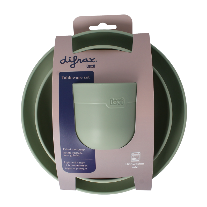 Difrax Lovi toddler dining set with pistachio-colored plate, cup, and utensils for young children.