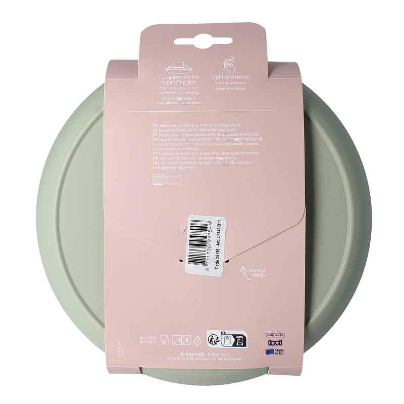 Difrax Lovi toddler dinner set with pistachio-colored plate, bowl, cup, and utensils for young children.