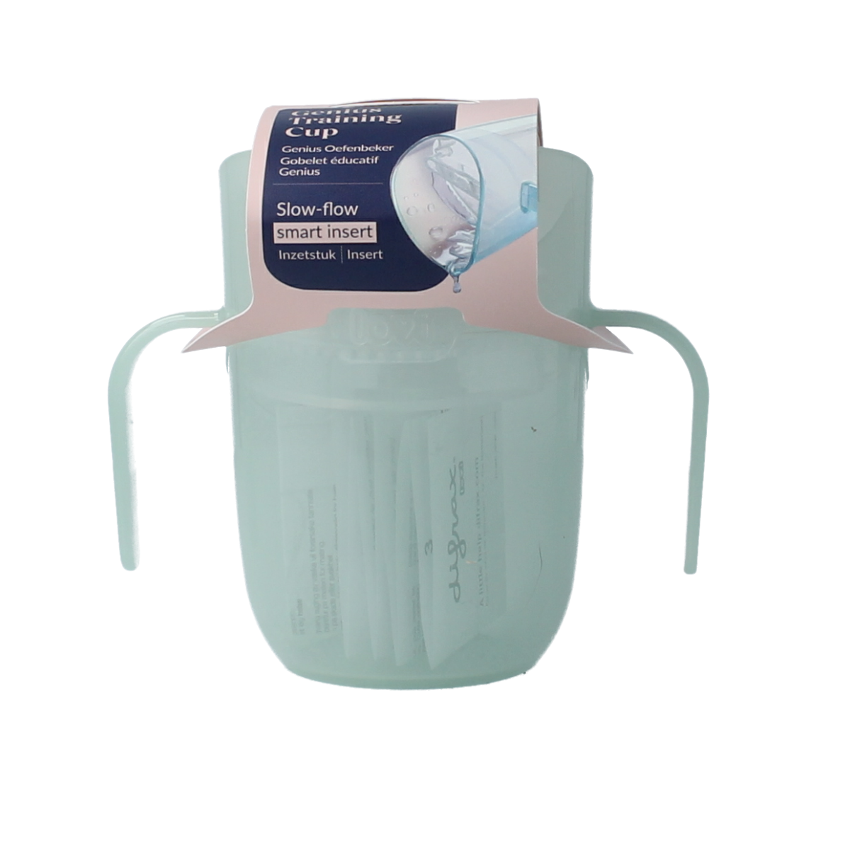 Difrax Lovi Genius toddler training cup in pistachio color, designed for young children, with a secure spill-proof lid.