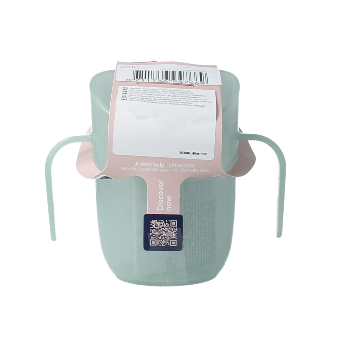 Difrax Lovi Genius toddler training cup in pistachio color, designed for young children learning to drink.