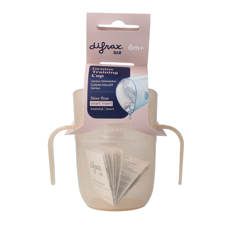 Difrax Lovi genius oefenbeker nude for toddlers, featuring a spill-proof design and easy-to-hold shape, ideal for young children.
