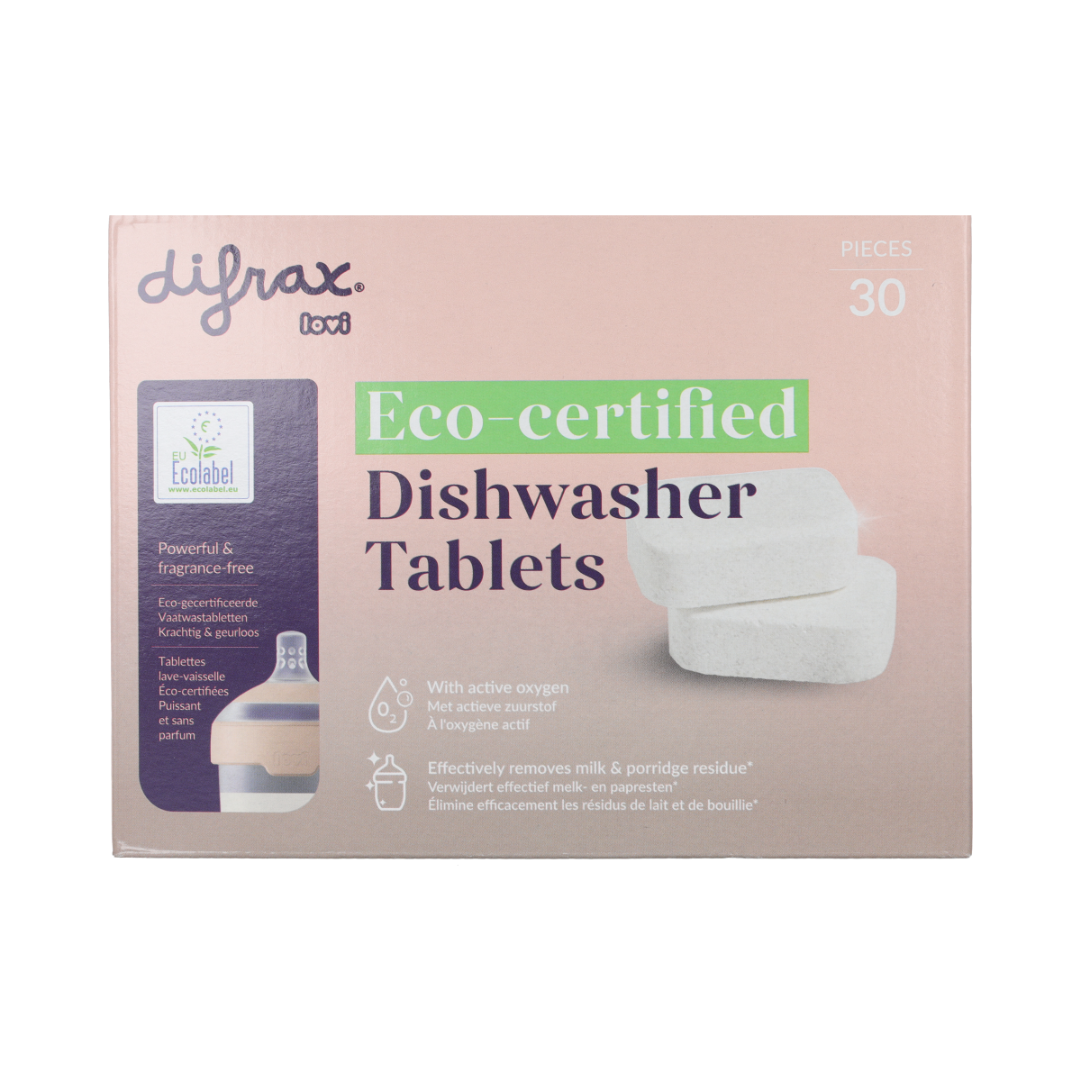 Difrax ECO Afwasmiddelen tabletten, 30 stuks, natural dishwashing tablets for eco-friendly cleaning in the kitchen.