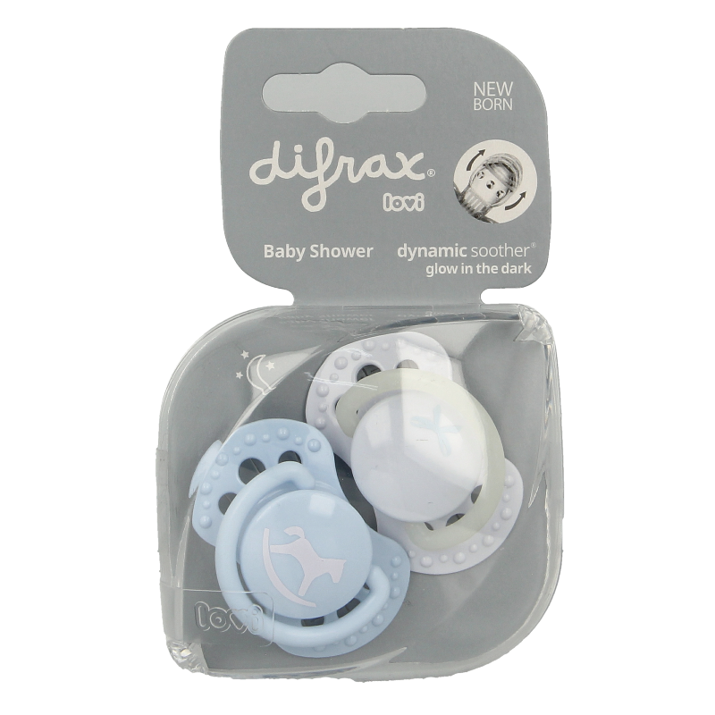 Difrax Lovi newborn pacifier in assorted colors, soft silicone nipple, designed for newborns, with packaging visible.