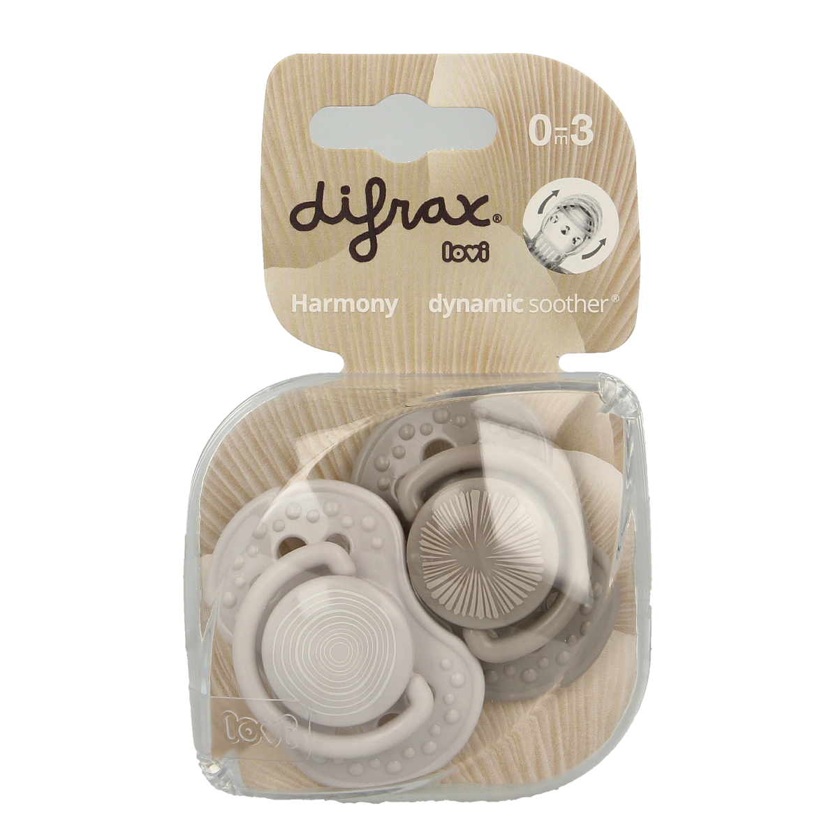 Difrax Lovi fopspeen for babies 0-6 months, assorted colors, soft silicone nipple, designed for comfort and safety.