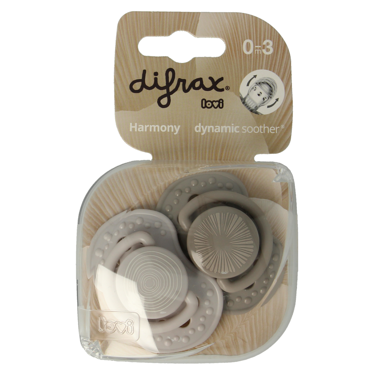 Difrax Harmony grey baby pacifiers for 0-3 months, set of 2, designed for soothing and comfort for infants.
