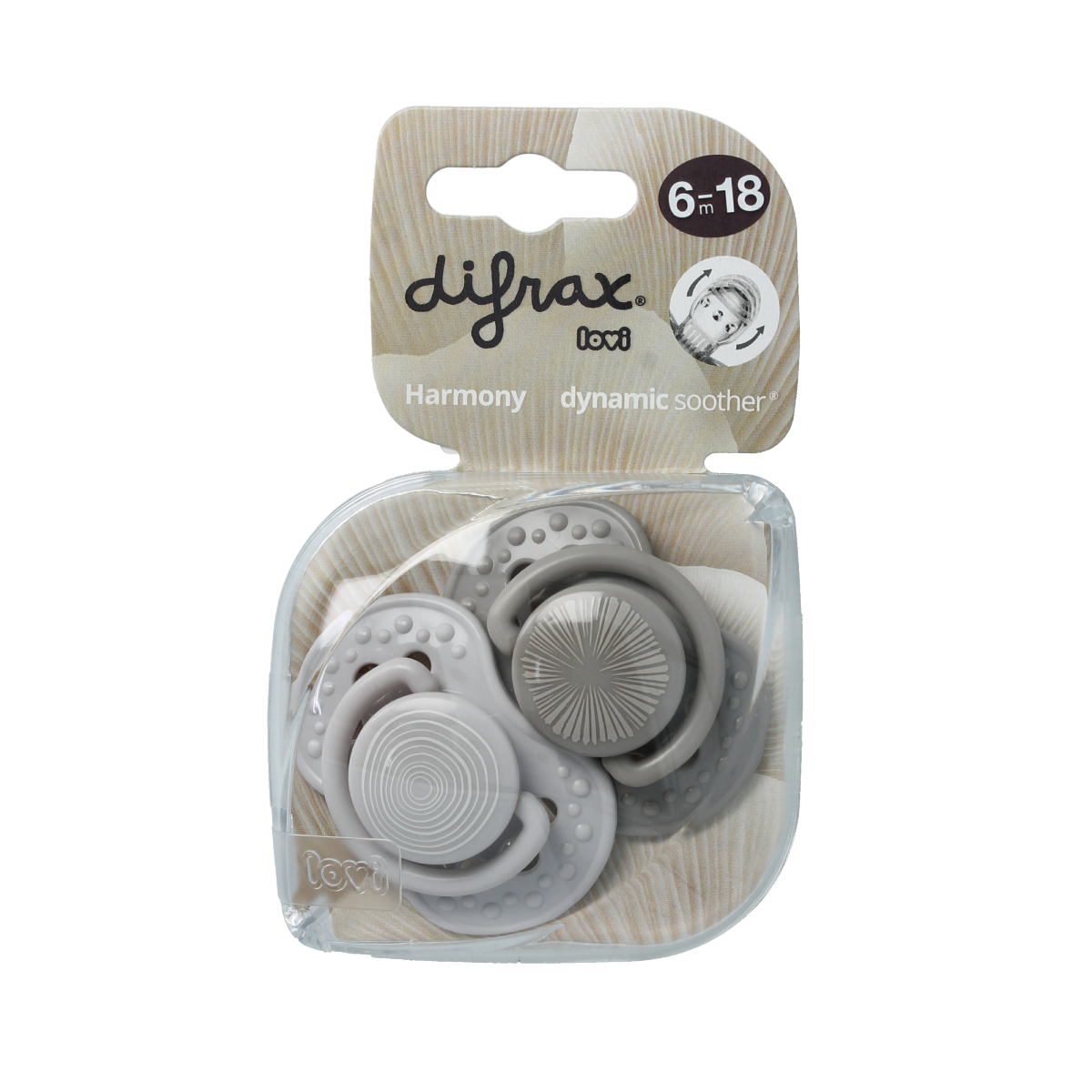 Difrax Lovi fopspeen for children 6-18 months, set of 2, in assorted colors, designed for comfort and safety.
