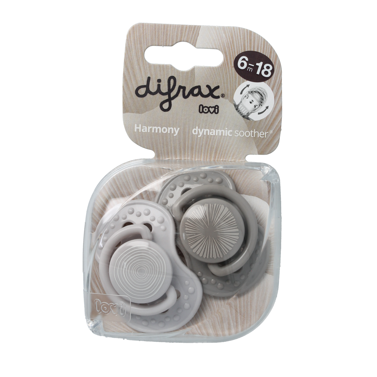 Difrax baby pacifiers for 6-18 months in light and dark grey, set of 2, designed for comfort and safety.