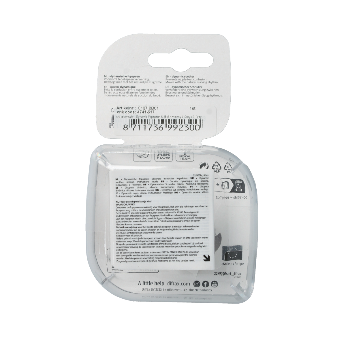 Difrax baby pacifiers for 6-18 months in light and dark grey, soft silicone teats, set of 2, designed for comfort and safety.