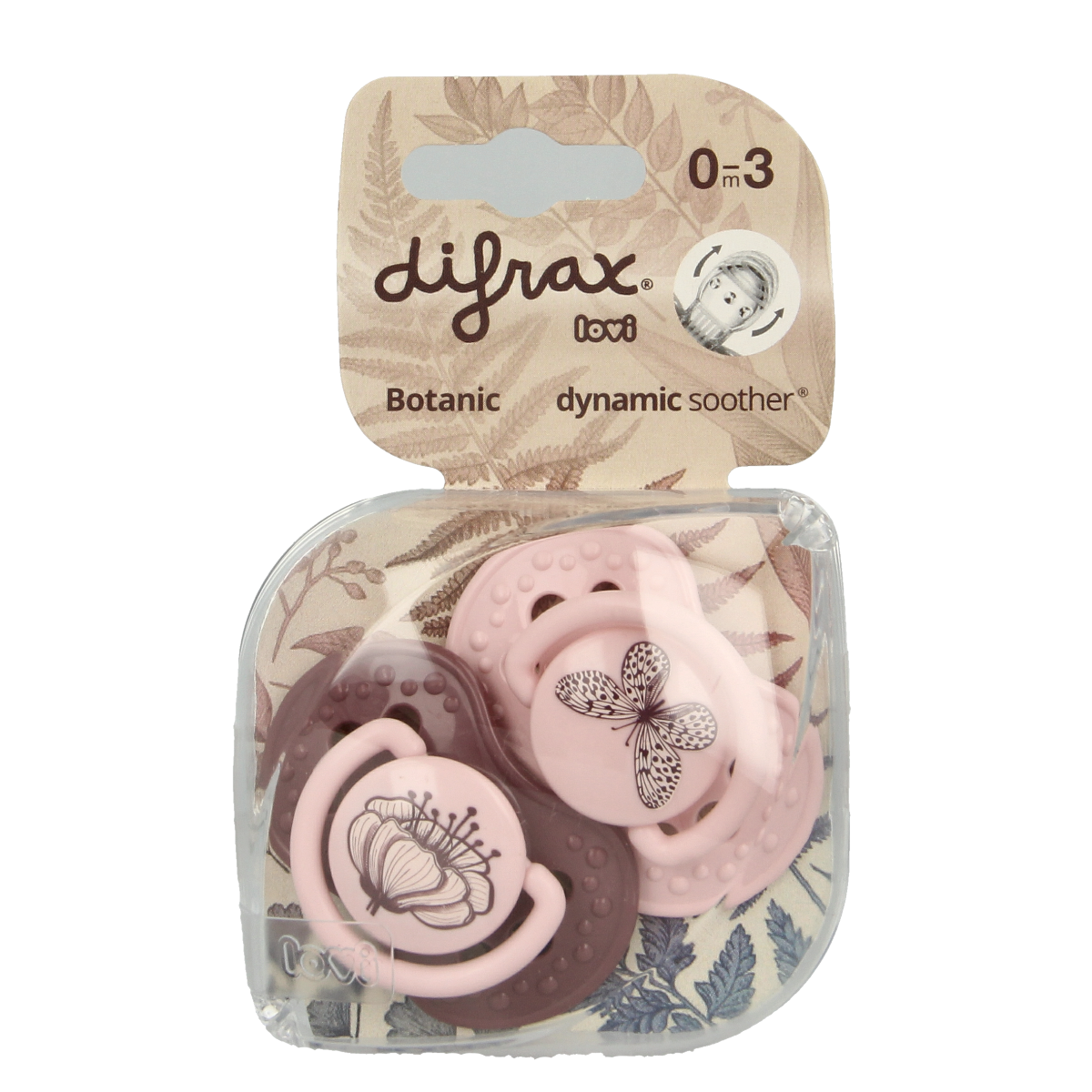 Difrax Lovi fopspeen botanic for 0-3 months, baby pacifier with natural design, shown in the image.