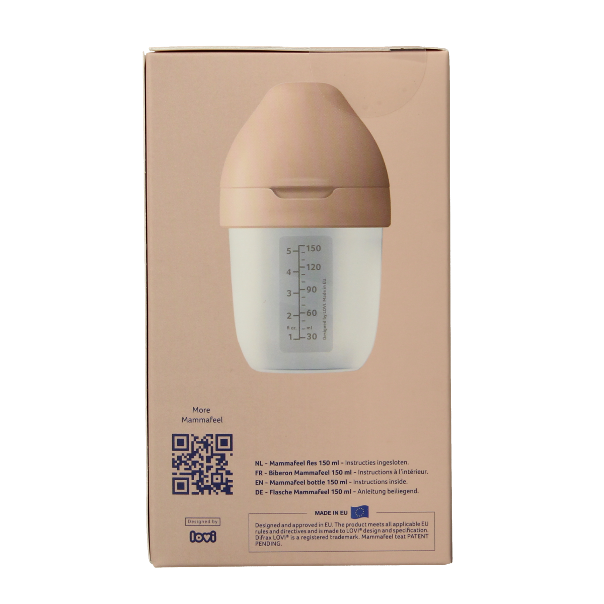 Difrax Lovi Mamma fles 150ml baby bottle with nipple, transparent plastic, designed for feeding infants.