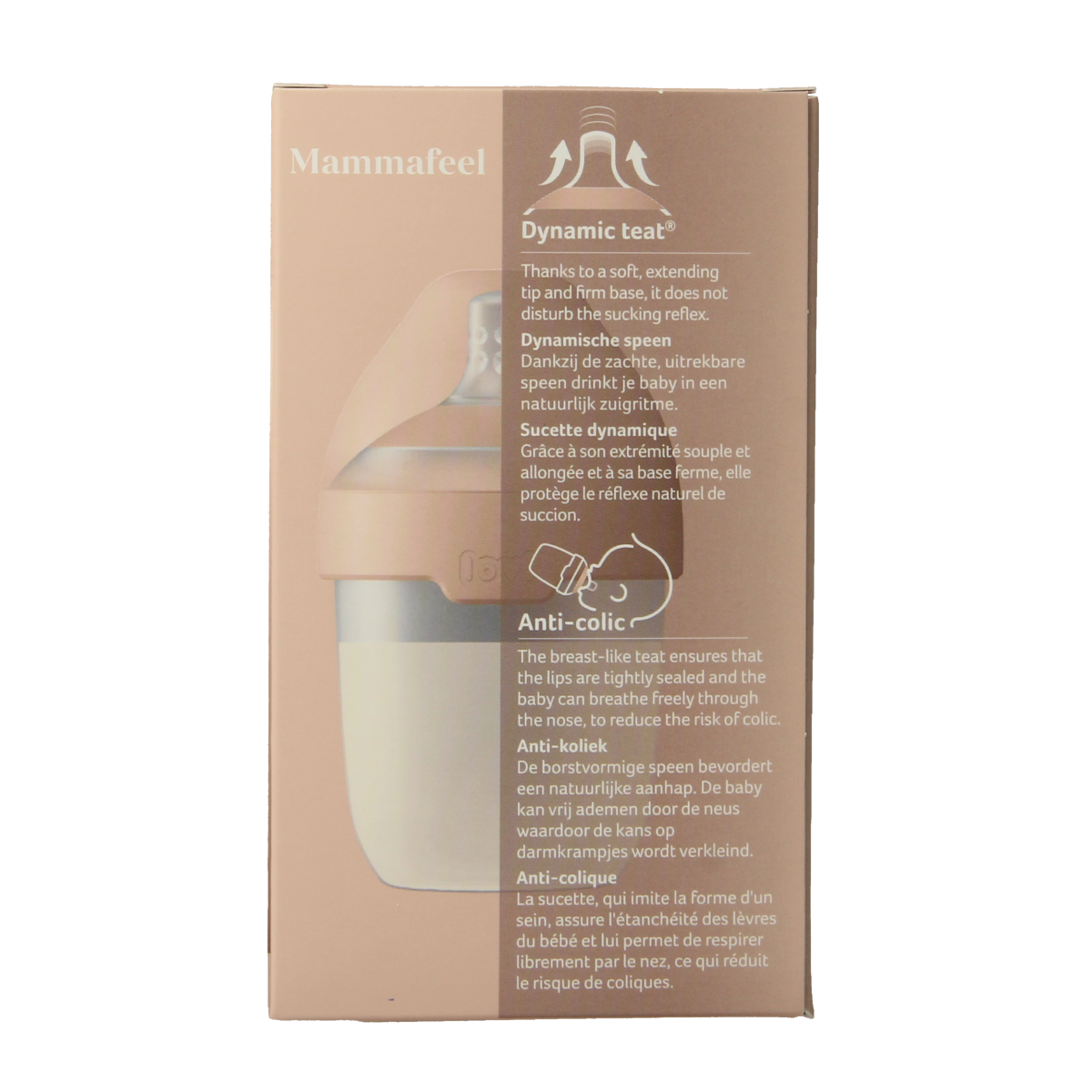 Difrax Lovi mamma fles 150ml baby bottle with nipple, designed for feeding infants, in a natural and clear image.