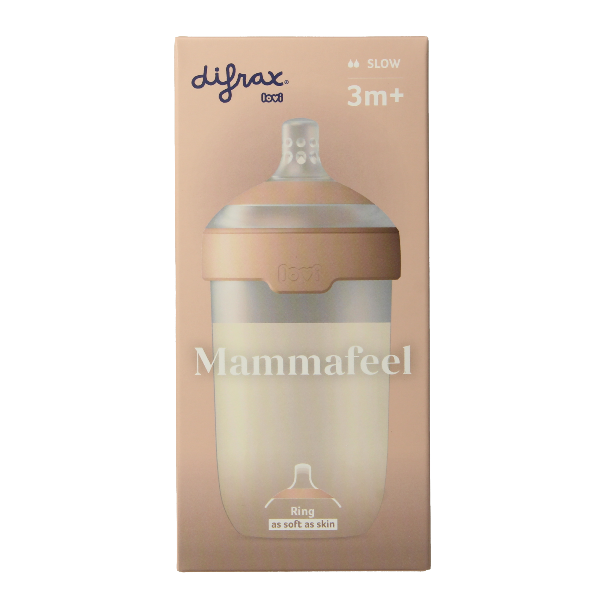 Difrax Lovi Mamma fles 250ml baby bottle with soft nipple, designed for feeding and easy grip, in a clear plastic container.