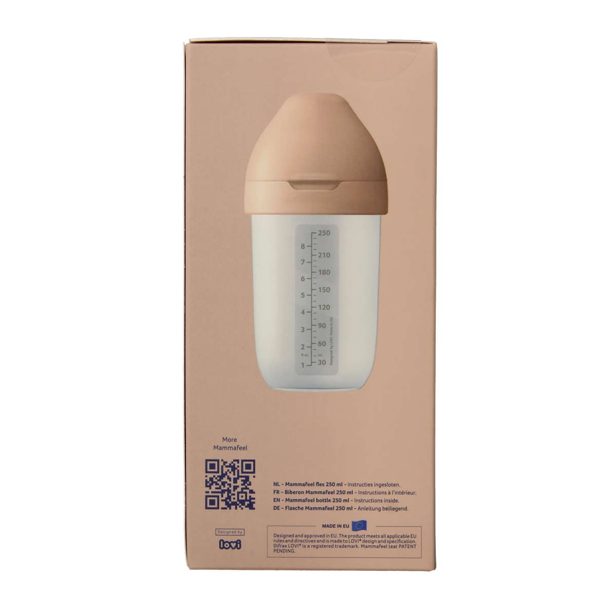 Difrax Lovi Mamma fles 250ml with nipple, baby feeding bottle in clear plastic, designed for infant feeding.