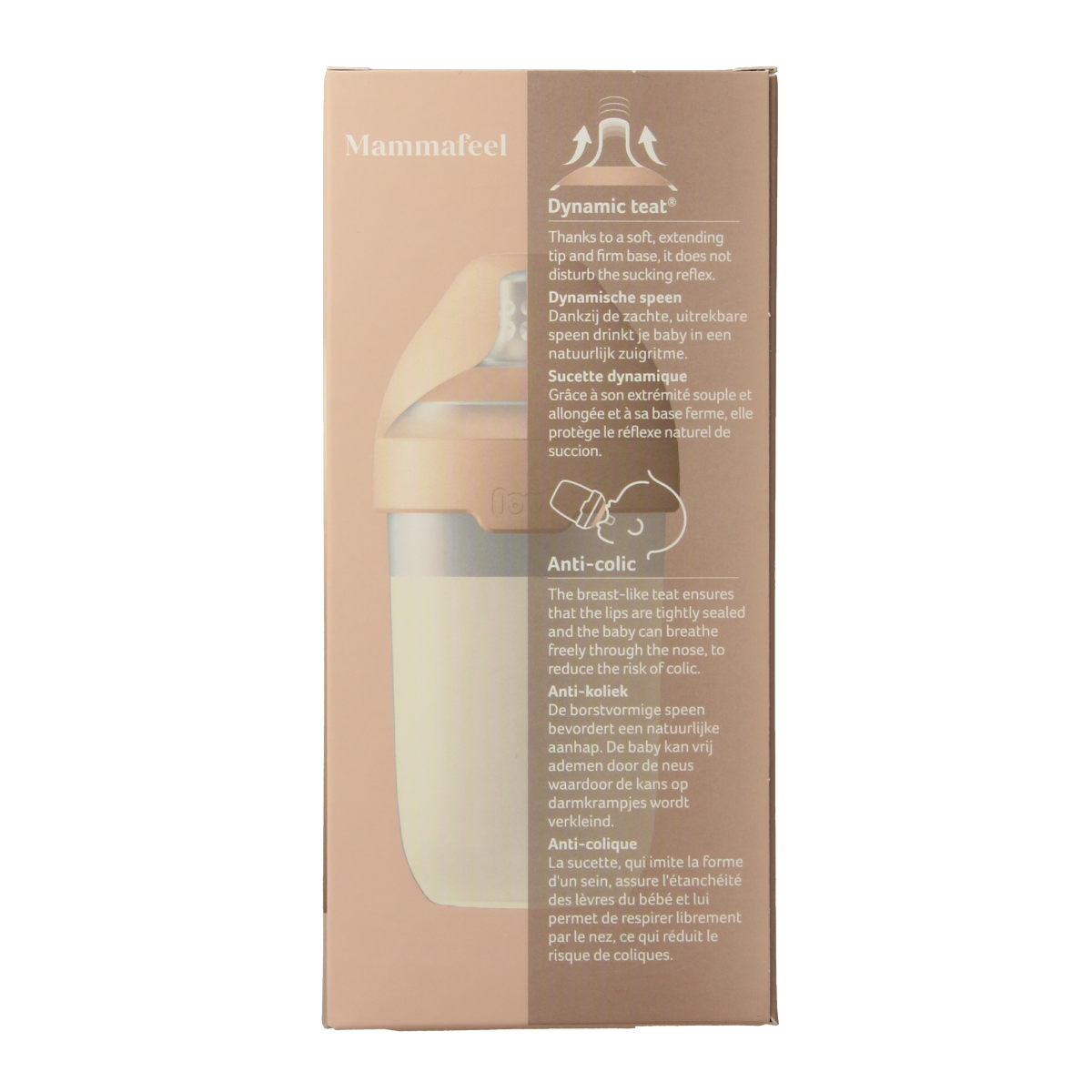 Difrax Lovi mamma fles 250ml, baby bottle with nipple, designed for infant feeding, on a plain background.