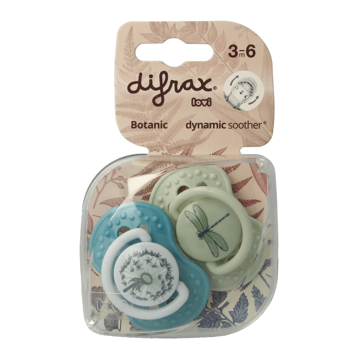 Difrax Lovi botanical pacifier for babies 3+ months, soft silicone nipple, ergonomic design, in a natural color.