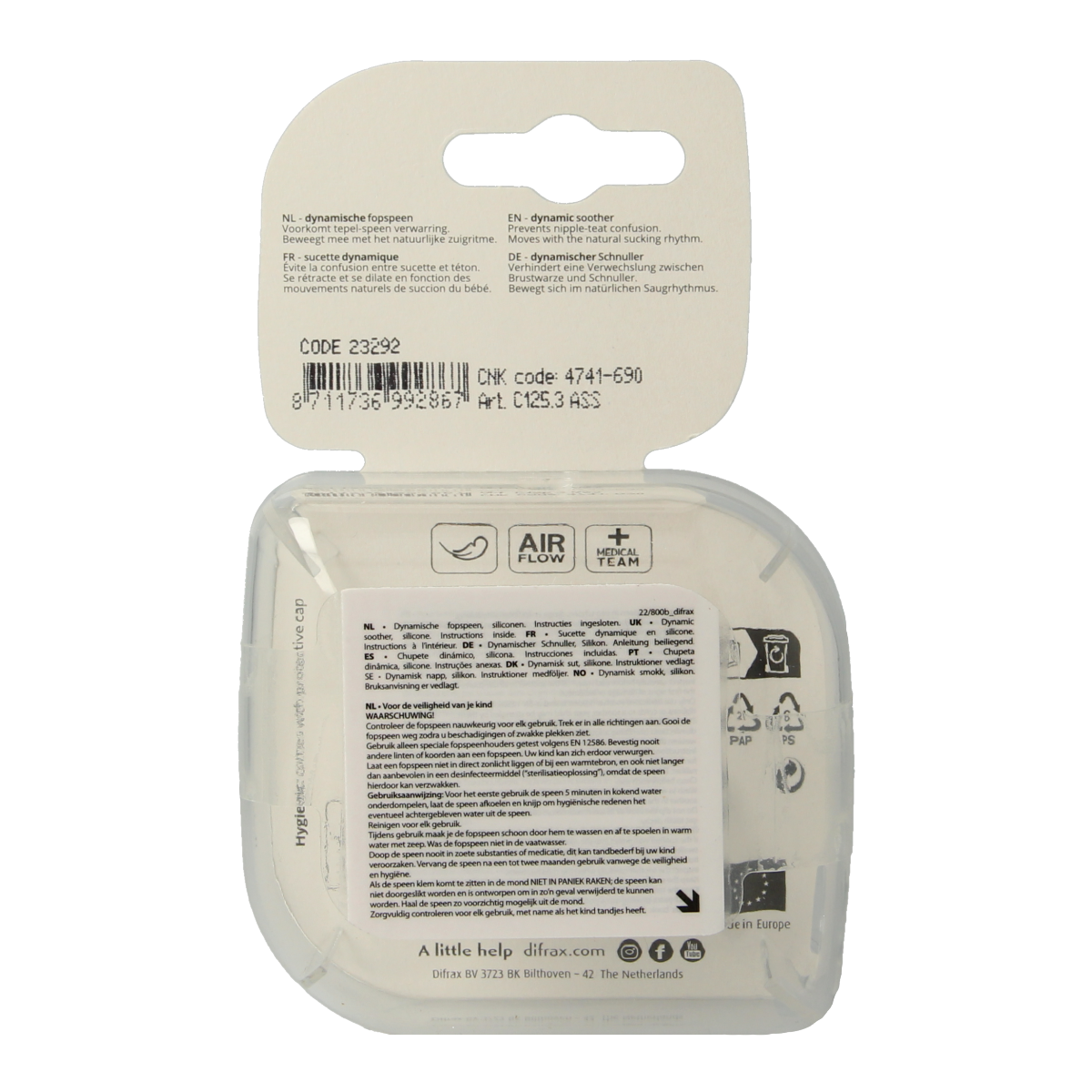 Difrax Lovi fopspeen botanic for babies 3+ months, soft latex teat, natural design, single baby pacifier in green and beige tones.