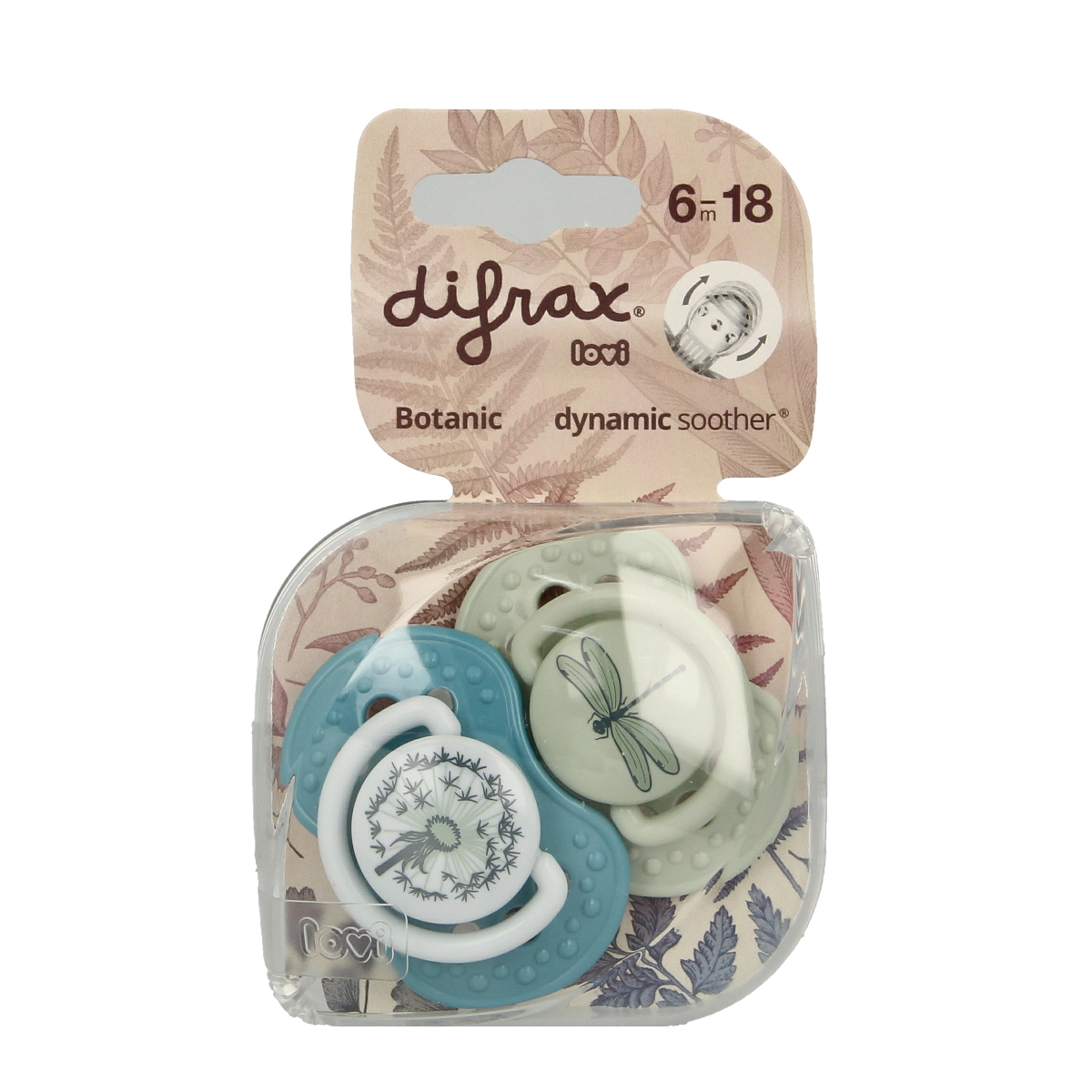 Difrax Lovi botanic baby pacifier for ages 6-20 months, single soft silicone nipple in green with botanical design