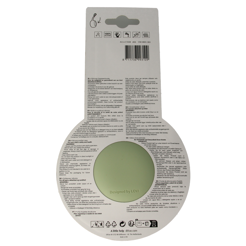 Difrax Lovi baby and toddler pacifier holder in assorted colors, designed for easy attachment and secure storage.