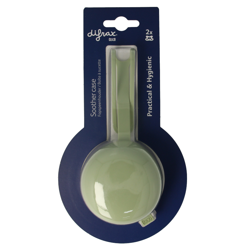 Difrax Lovi baby pacifier holder in pistachio color, designed for safe and convenient pacifier attachment for infants and toddlers.