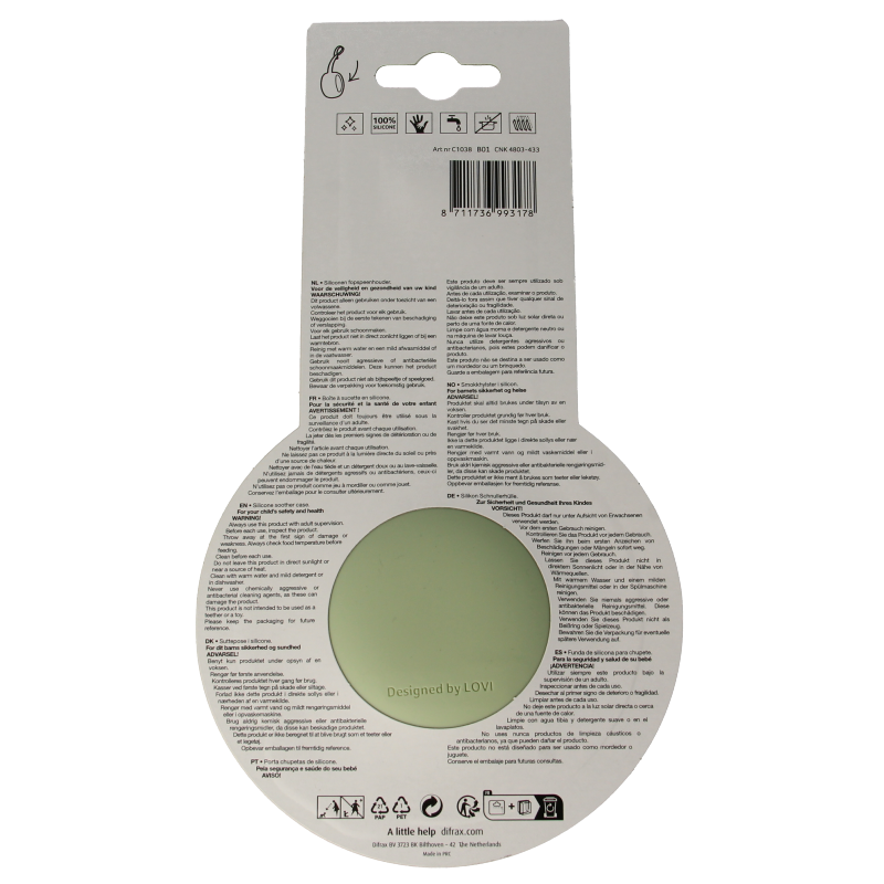 Difrax Lovi baby pacifier clip in pistachio color with soft fabric and clip attachment, designed for infant and toddler pacifiers.