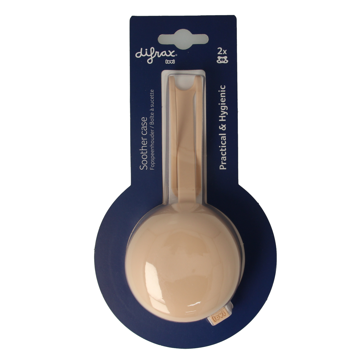 Difrax Lovi baby and toddler pacifier holder in nude color, designed for infants and young children.