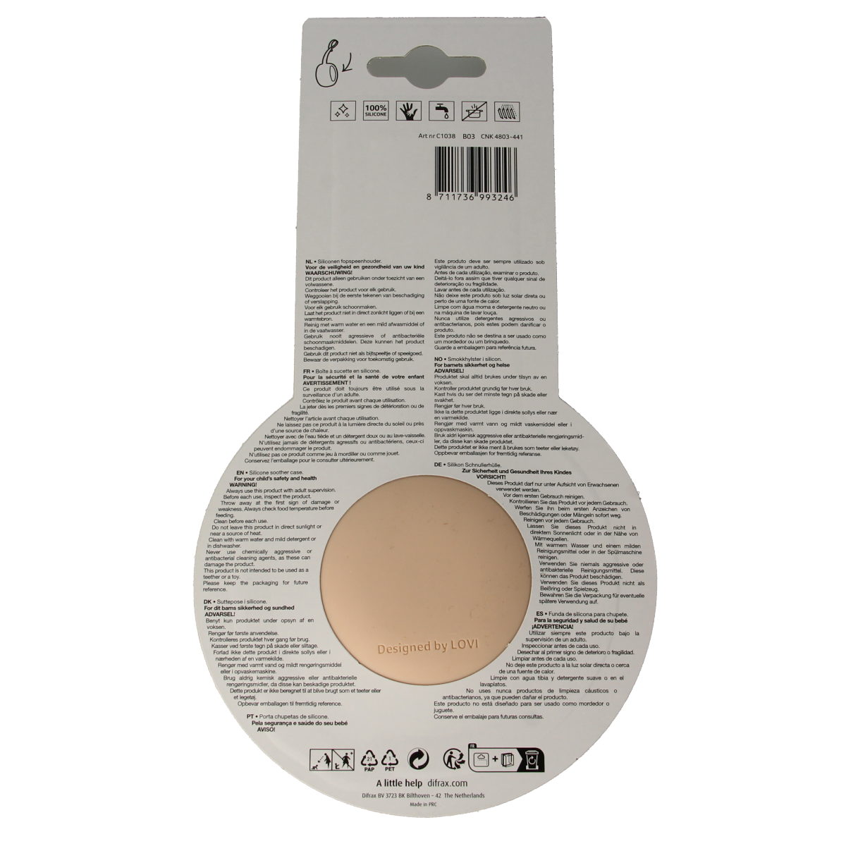Difrax Lovi baby pacifier holder in nude color, designed for babies and toddlers, with a secure clip and soft fabric.