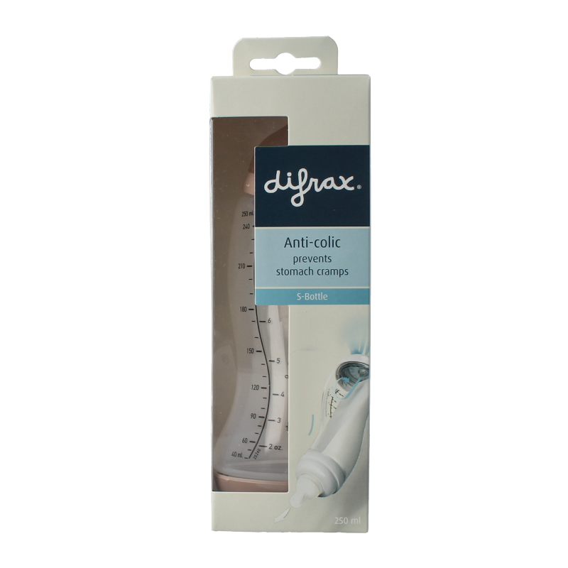Difrax S-fles trend 250ml baby bottle with ergonomic design and clear measurement markings, suitable for infants.